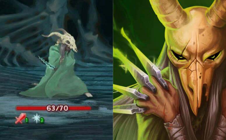 the Silent character ingame in Slay the Spire, and an artistic picture of the Silent in Slay the Spire.