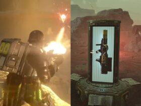 A Helldiver shooting the Heavy Machine Gun, and the Quasar Cannon in a hellpod supply drop