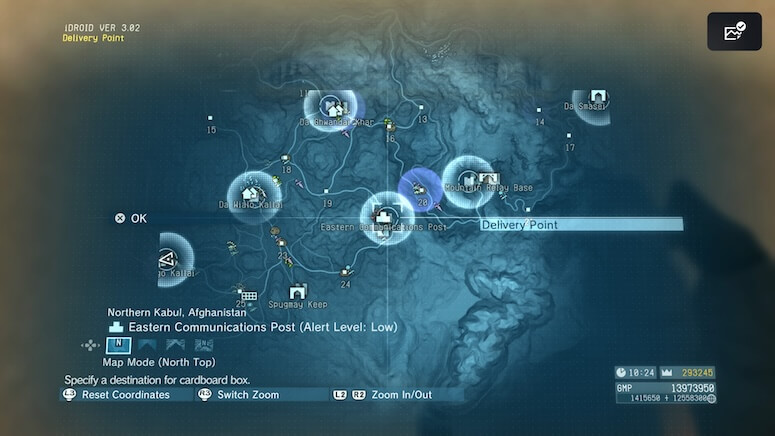 The map location of the Delivery Point in the Eastern Communications Post in Metal Gear Solid V