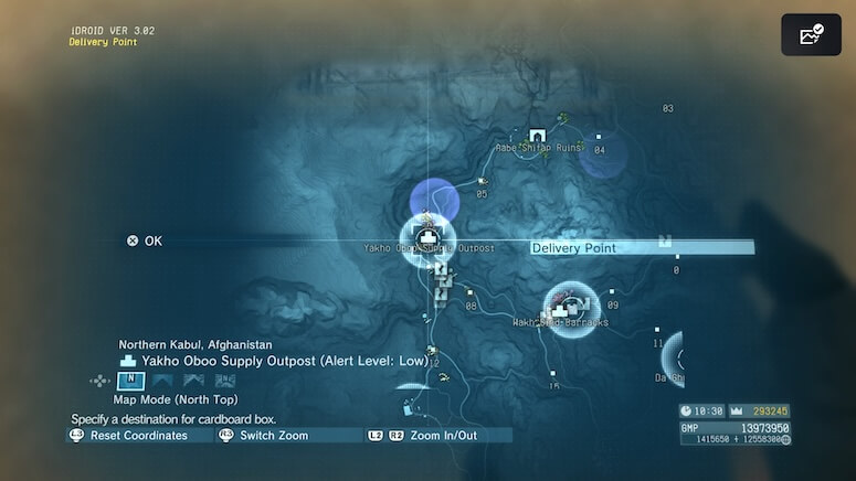 The map location of the Delivery Point in Yakho Oboo Supply Outpost in Metal Gear Solid V