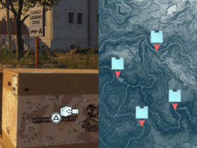 Snake in a box at a Delivery Point in Metal Gear Solid 5, and a picture of a map of the Delivery Points in Metal Gear Solid 5.