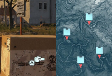 Snake in a box at a Delivery Point in Metal Gear Solid 5, and a picture of a map of the Delivery Points in Metal Gear Solid 5.