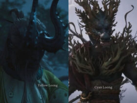 The Yellow Loong boss on the left, and the Cyan Loong boss on the right in Black Myth: Wukong