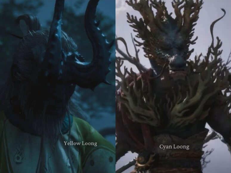 The Yellow Loong boss on the left, and the Cyan Loong boss on the right in Black Myth: Wukong
